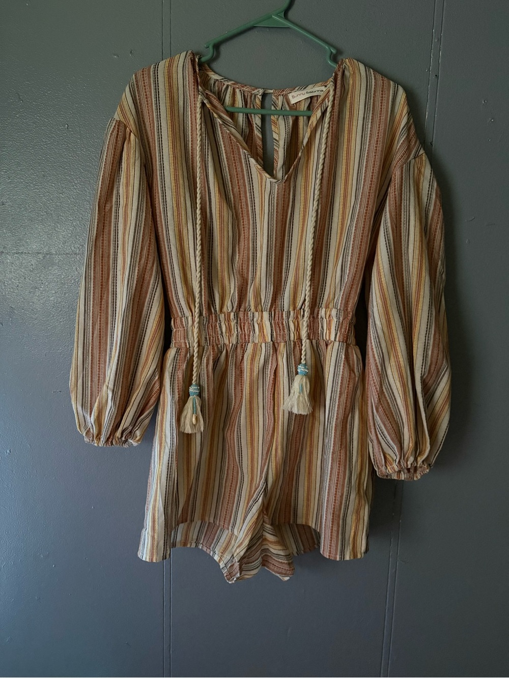 Women’s striped Romper with Tassel Tie - Cream & Brown